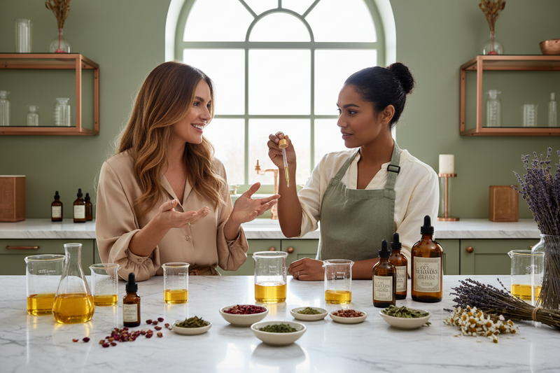 Two women discussing the formulation of an oil based product with various natural ingredients on a table