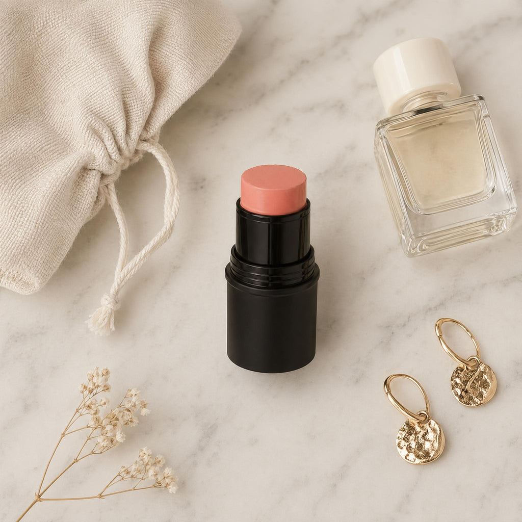 Makeup stick, perfume bottle, gold earrings, and dried flowers on a marble surface