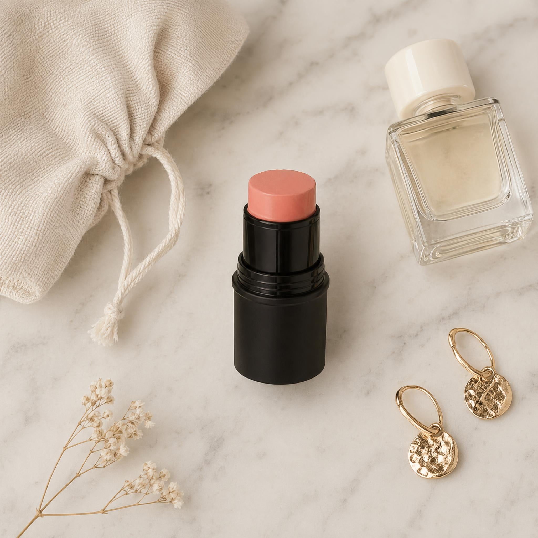 Makeup stick, perfume bottle, gold earrings, and dried flowers on a marble surface