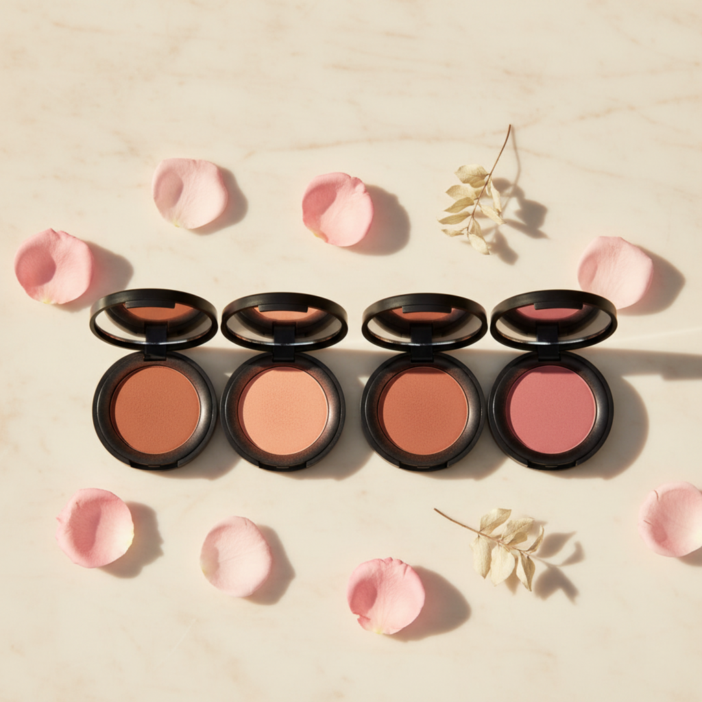 Compact blush in a black case surrounded by pink petals on a light marble background