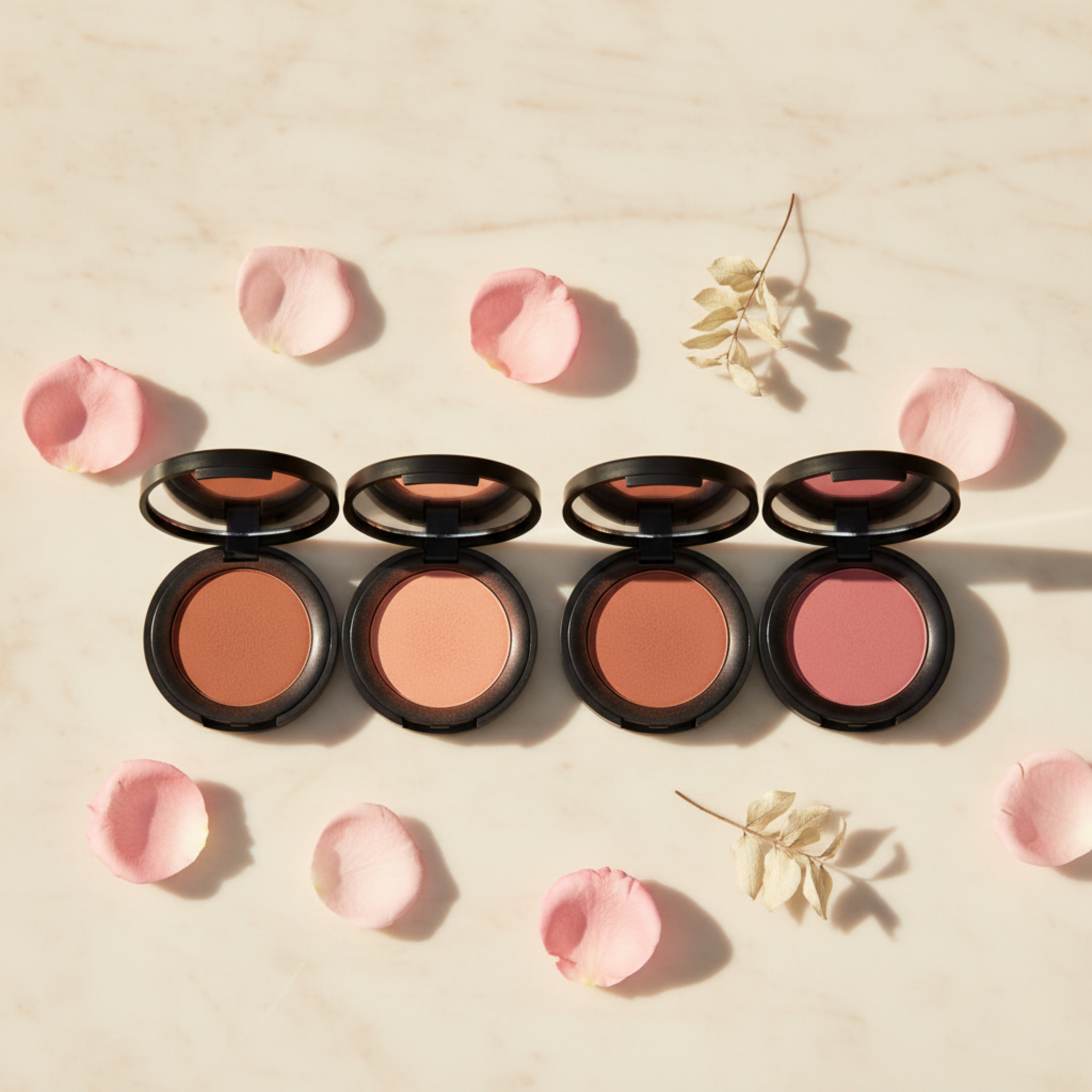 Compact blush in a black case surrounded by pink petals on a light marble background