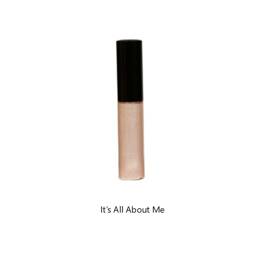 Cosmetic lip-gloss with black cap on a white background, text Its all about me below.