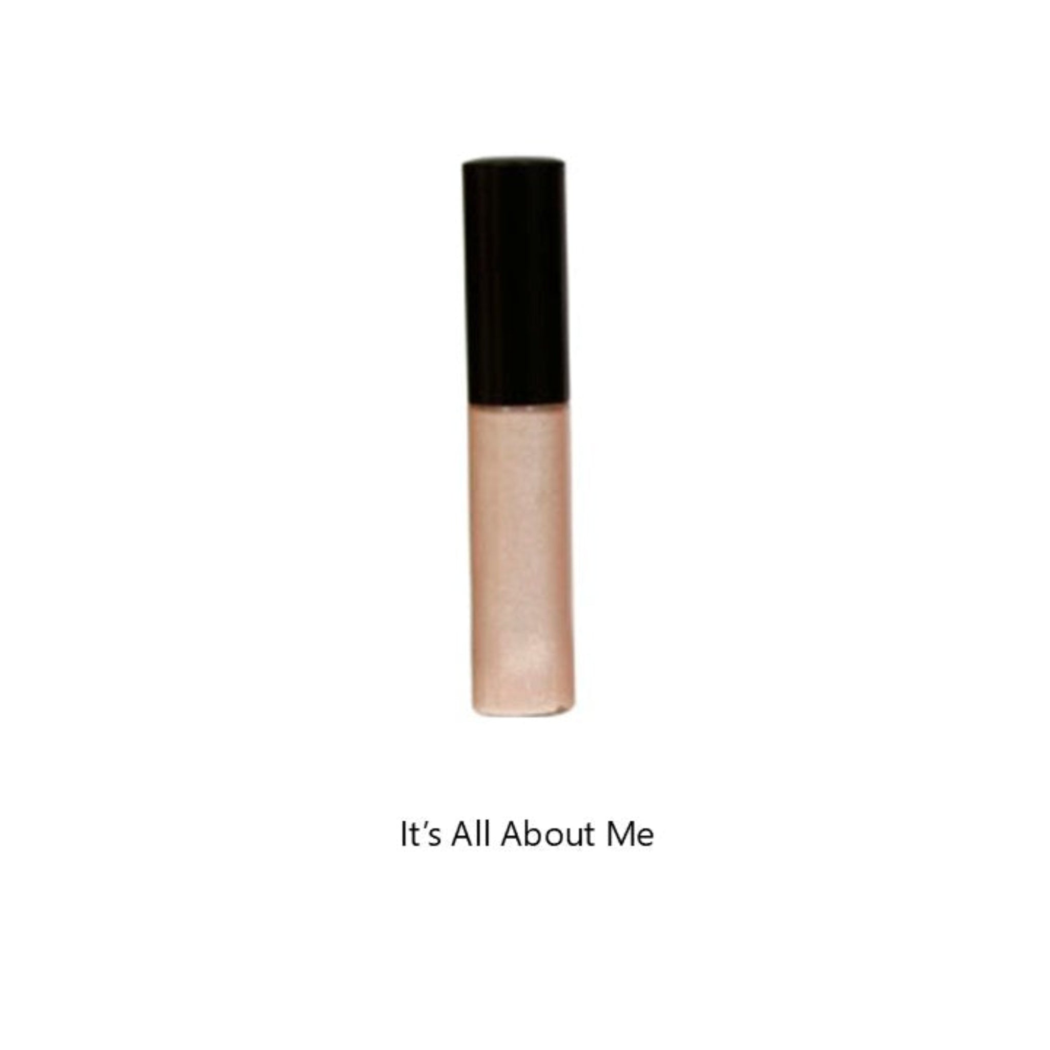 Cosmetic lip-gloss with black cap on a white background, text Its all about me below.