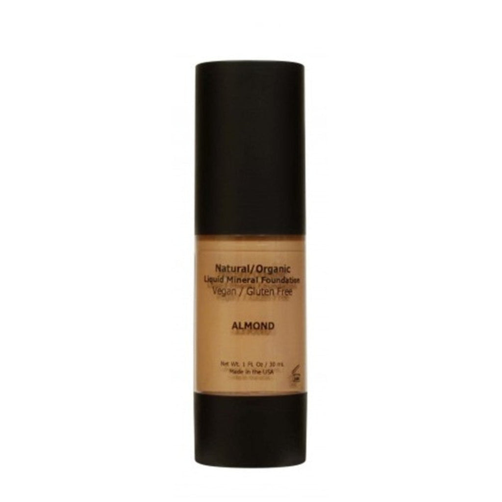 Foundation bottle labeled 'Almond' on a white background