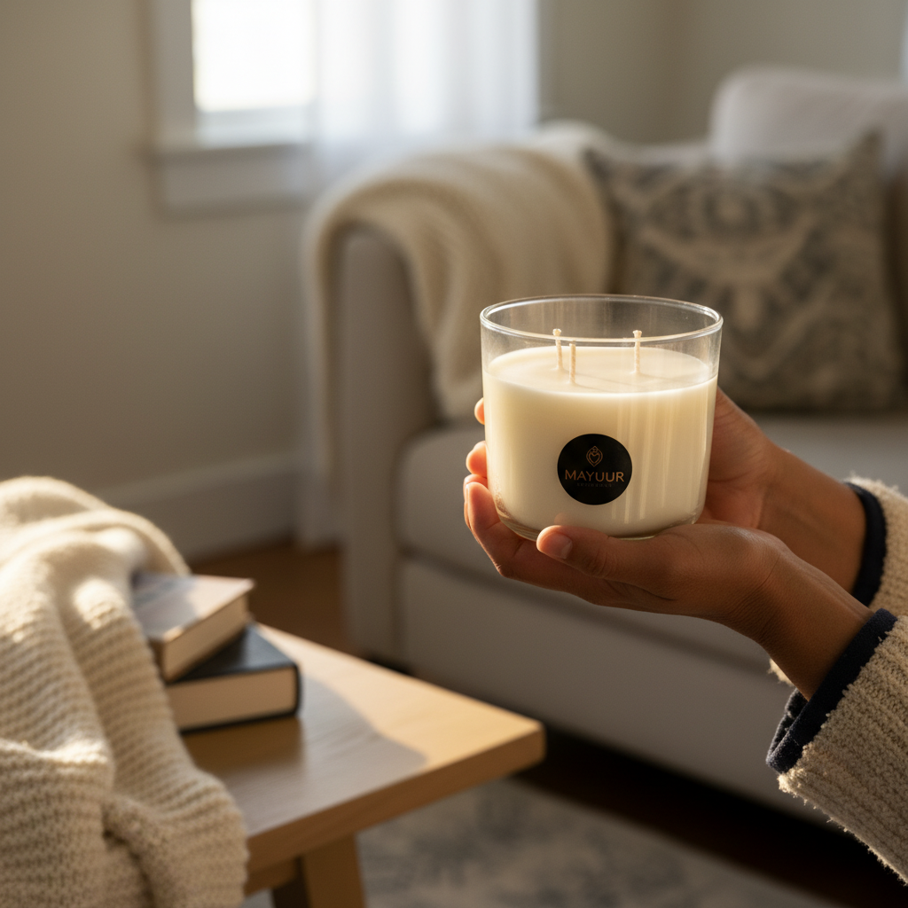 Hand holding a candle labeled Mayuur Naturals in a cozy living room setting.
