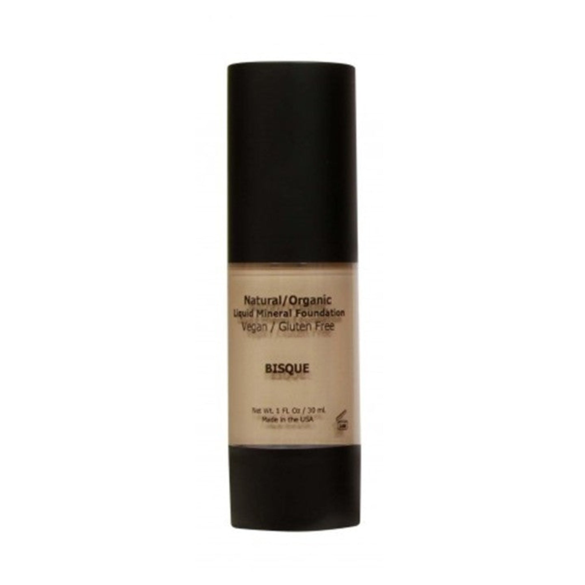 Cosmetic bottle with black cap and beige body on a white background