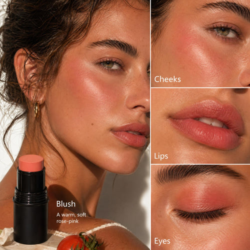 Woman with makeup application on face, including blush, lips, and eyes, with a close-up of a lipstick stick.