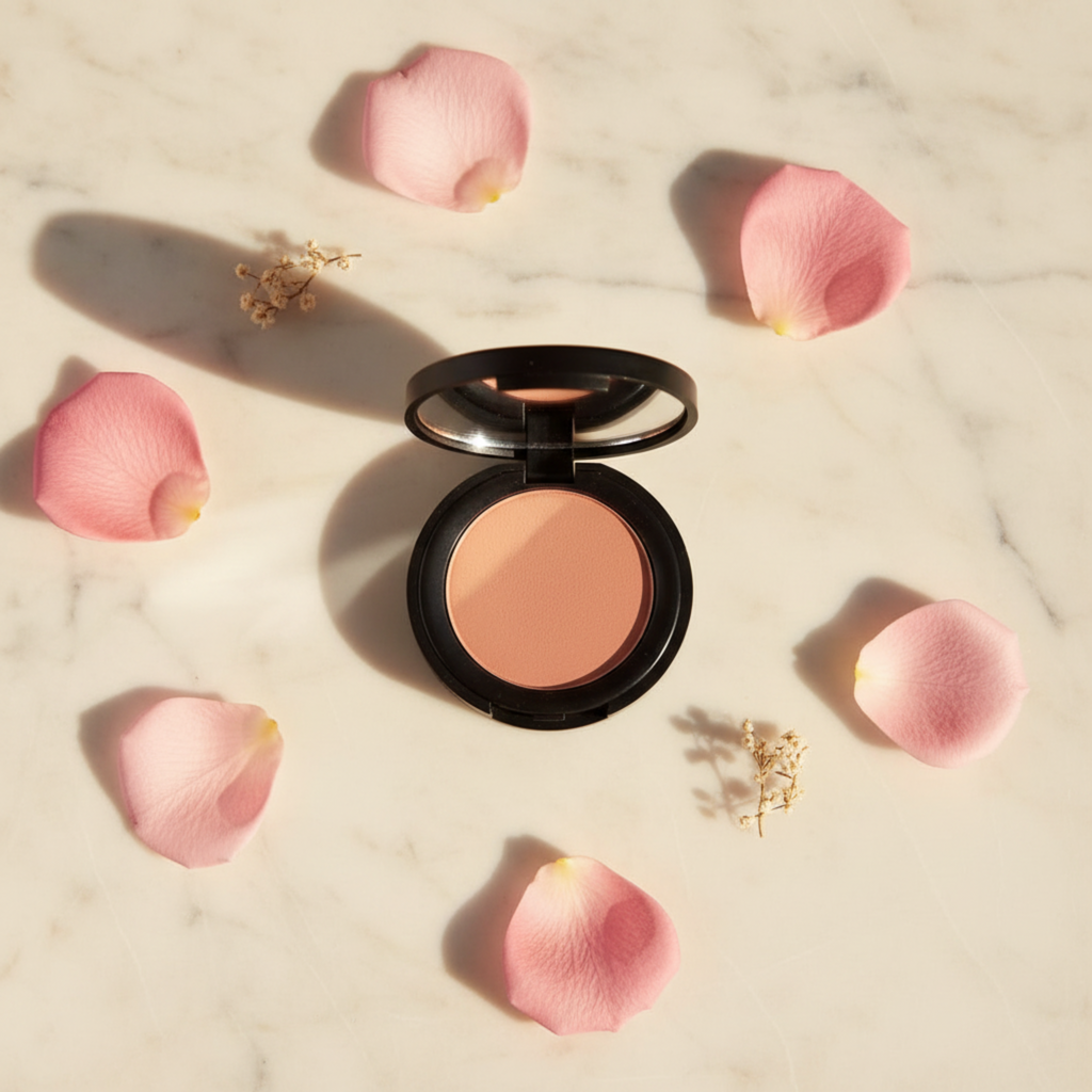 Compact blush in a black case surrounded by pink petals on a light marble background