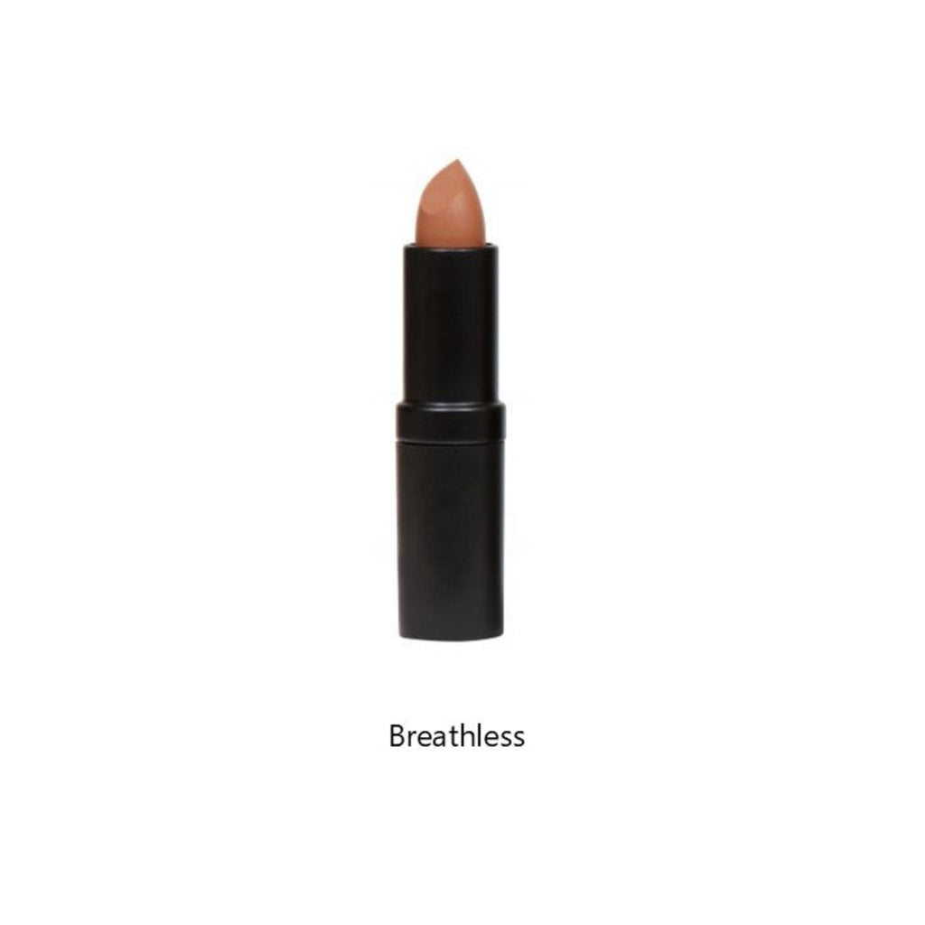 Lipstick with black casing and beige shade on a white background