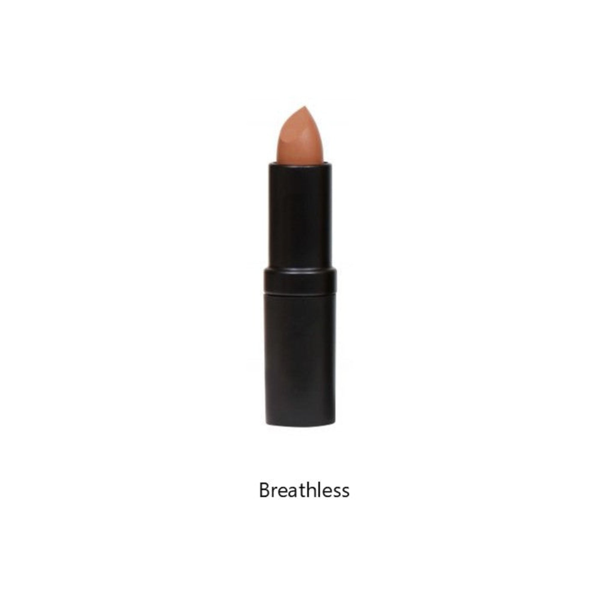 Lipstick with black casing and beige shade on a white background