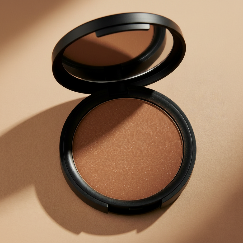 Compact brown powder in a black case on a beige background