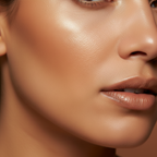 Close-up of a woman's face with a focus on her skin texture.