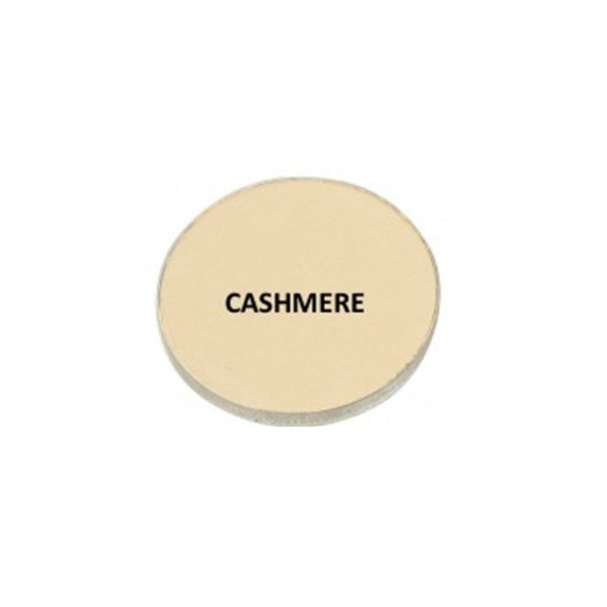 Round beige compact with 'CASHMERE' text on a white background