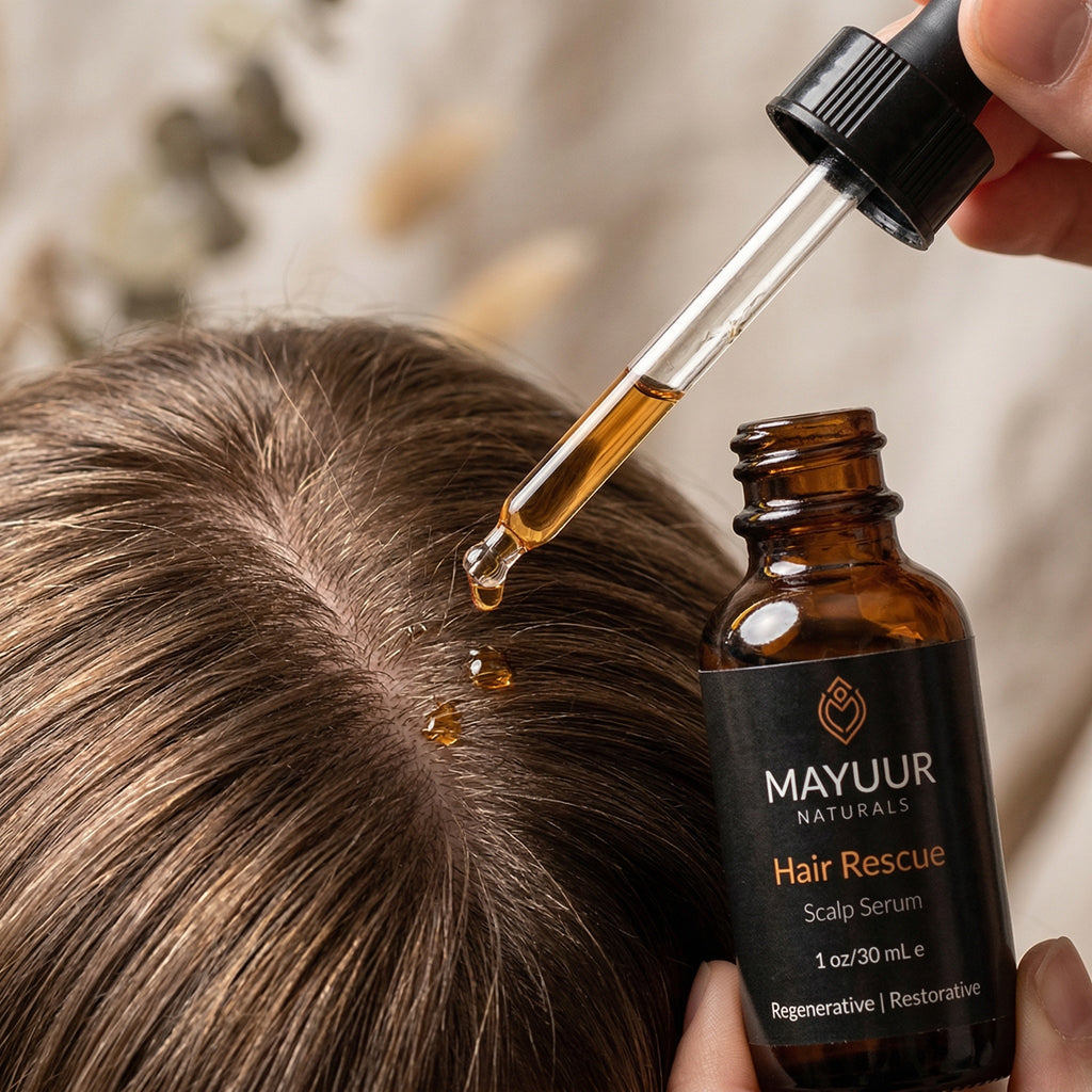 Person applying Mayuur Naturals Hair Rescue Scalp Serum to their hair.
