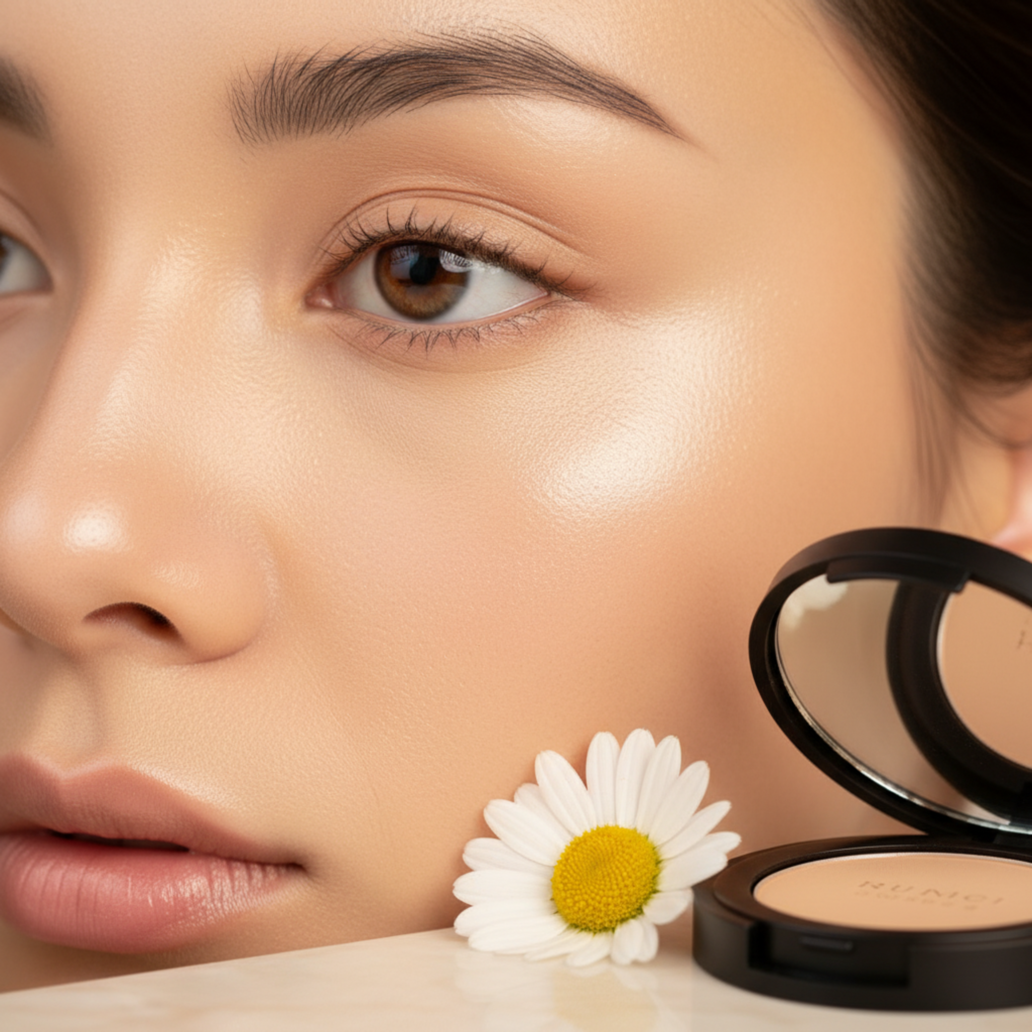 Close-up of a woman's face with a daisy and a compact powder case.