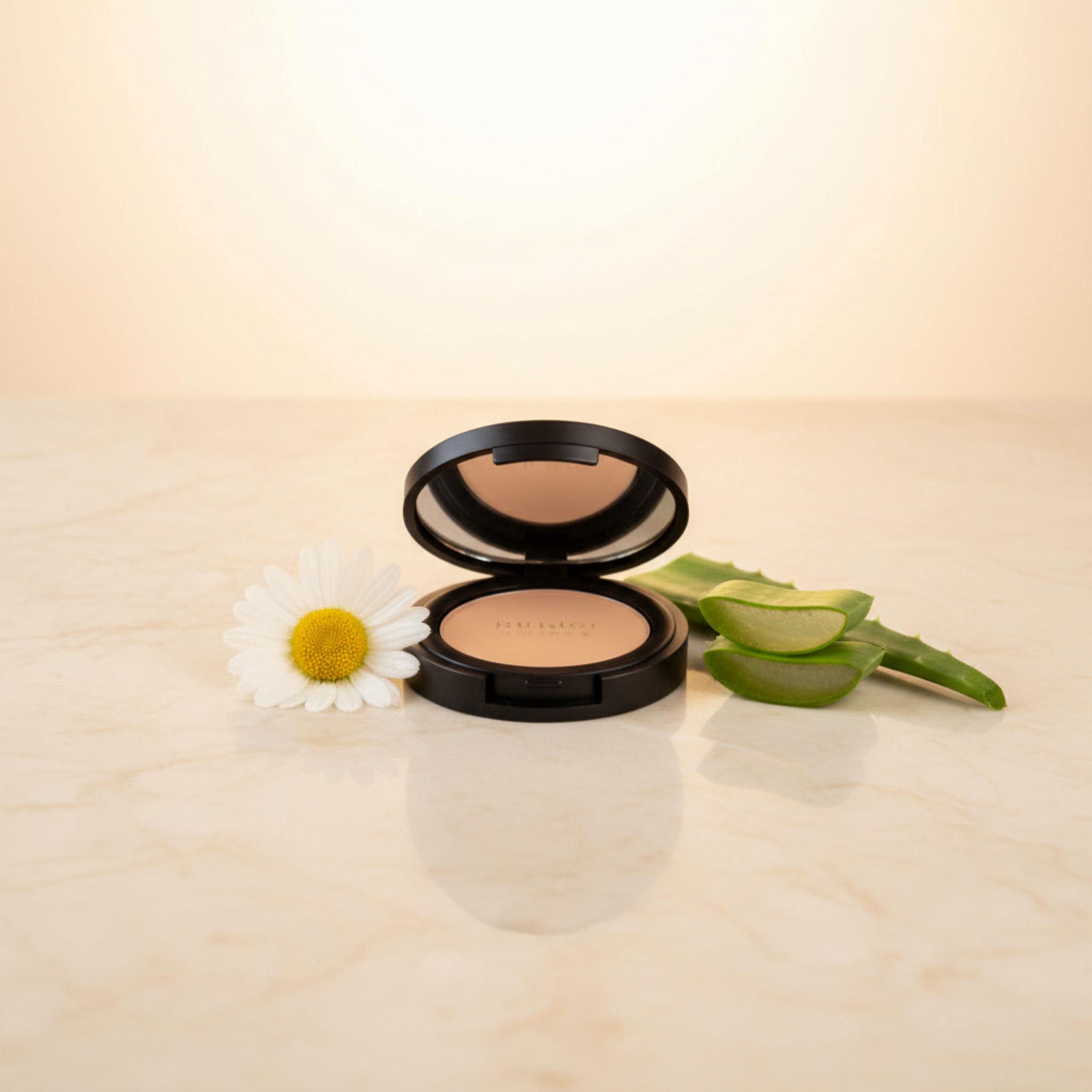 Compact powder in a black case with a white flower and green leaves on a beige background