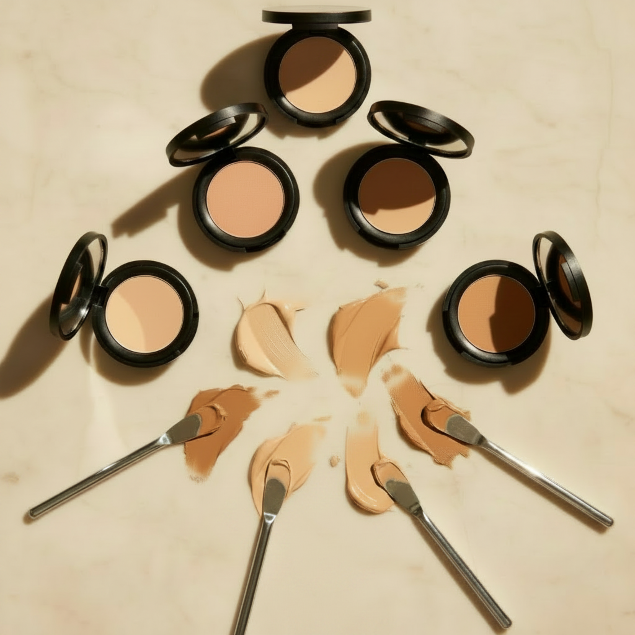Makeup products including compact powders and application tools on a beige background