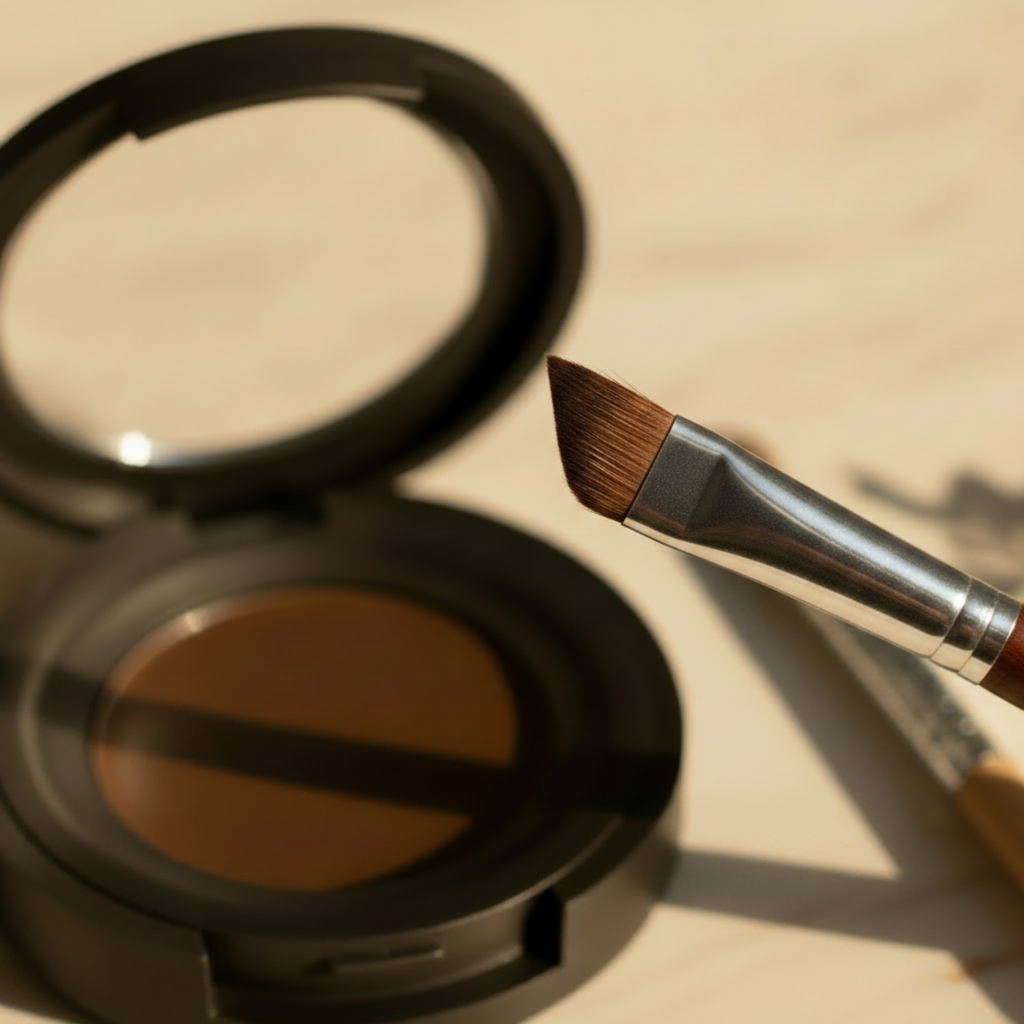 Makeup compact with brown powder and a brush on a beige surface