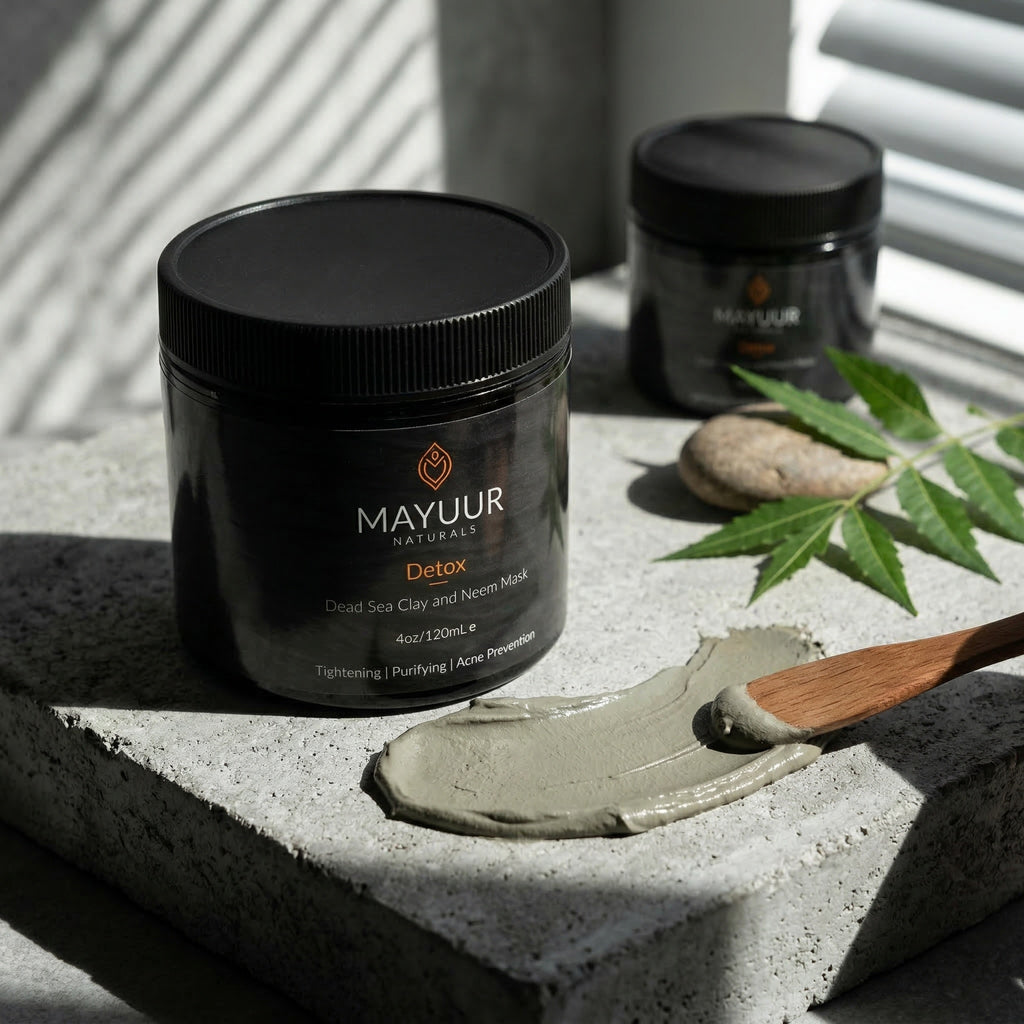 Mayuur Detox mask jar with a spoonful of mask on a stone surface with leaves.
