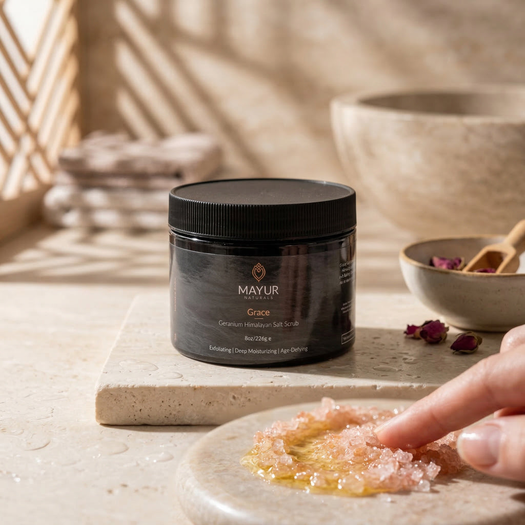 Mayur Gace scrub jar on a stone surface with a hand holding a bowl of scrub.