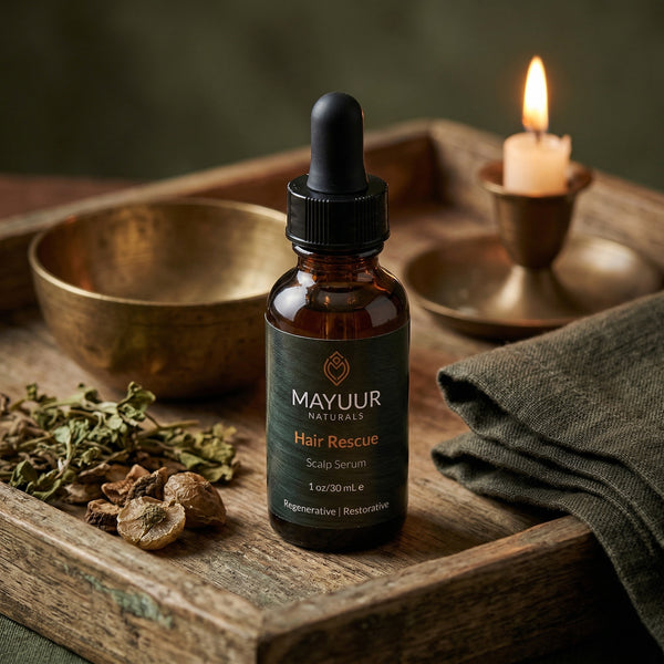 Mayuur Naturals Hair Rescue Scalp Serum bottle on a wooden tray with candles and herbs