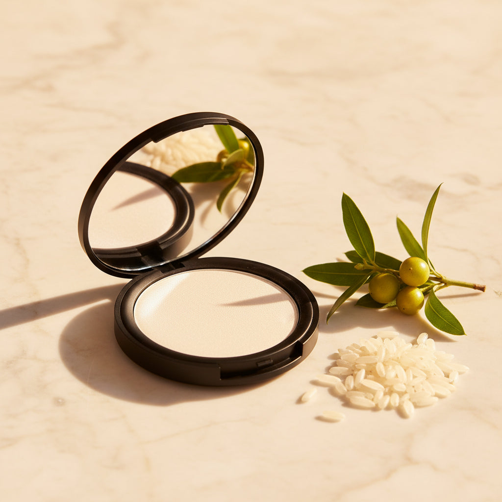 Compact powder in a black case on a white background