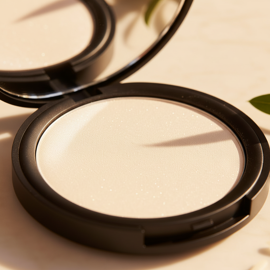 Compact powder in a black case on a light background