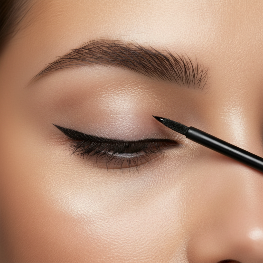 Close-up of a person applying eyeliner with a brush.