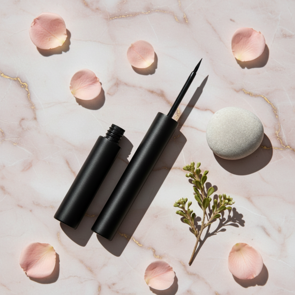 Black eyeliner pen with a stone and plant on a pink background