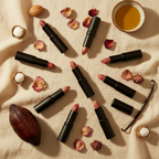Black lipsticks with pink shades arranged on a textured surface with dried flowers and a vanilla bean.