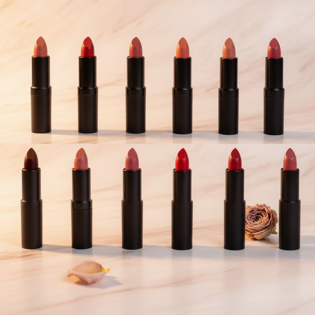 Row of black lipsticks with various shades on a light wooden background