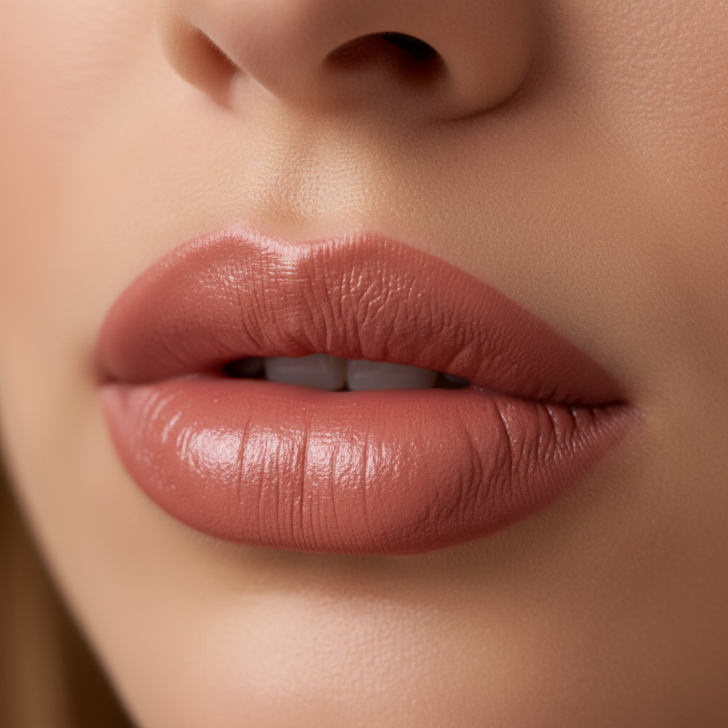 Close-up of a woman's lips with a soft pink lipstick