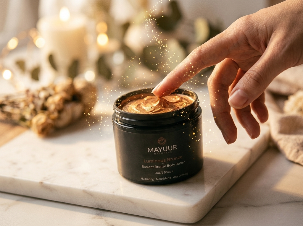 Hand applying Mayuur body butter to a jar on a marble surface with a blurred festive background