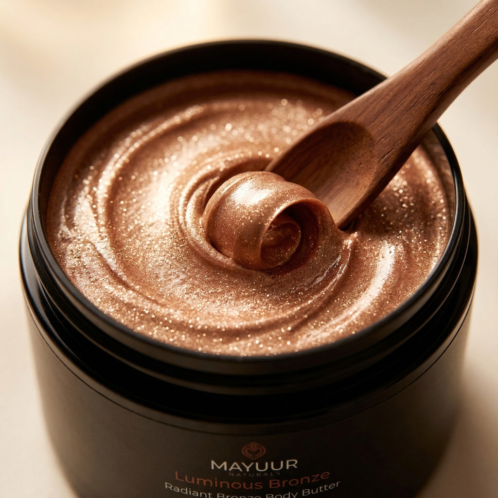 A jar of Luminous Body butter with a small wooden spoon scooping out product
