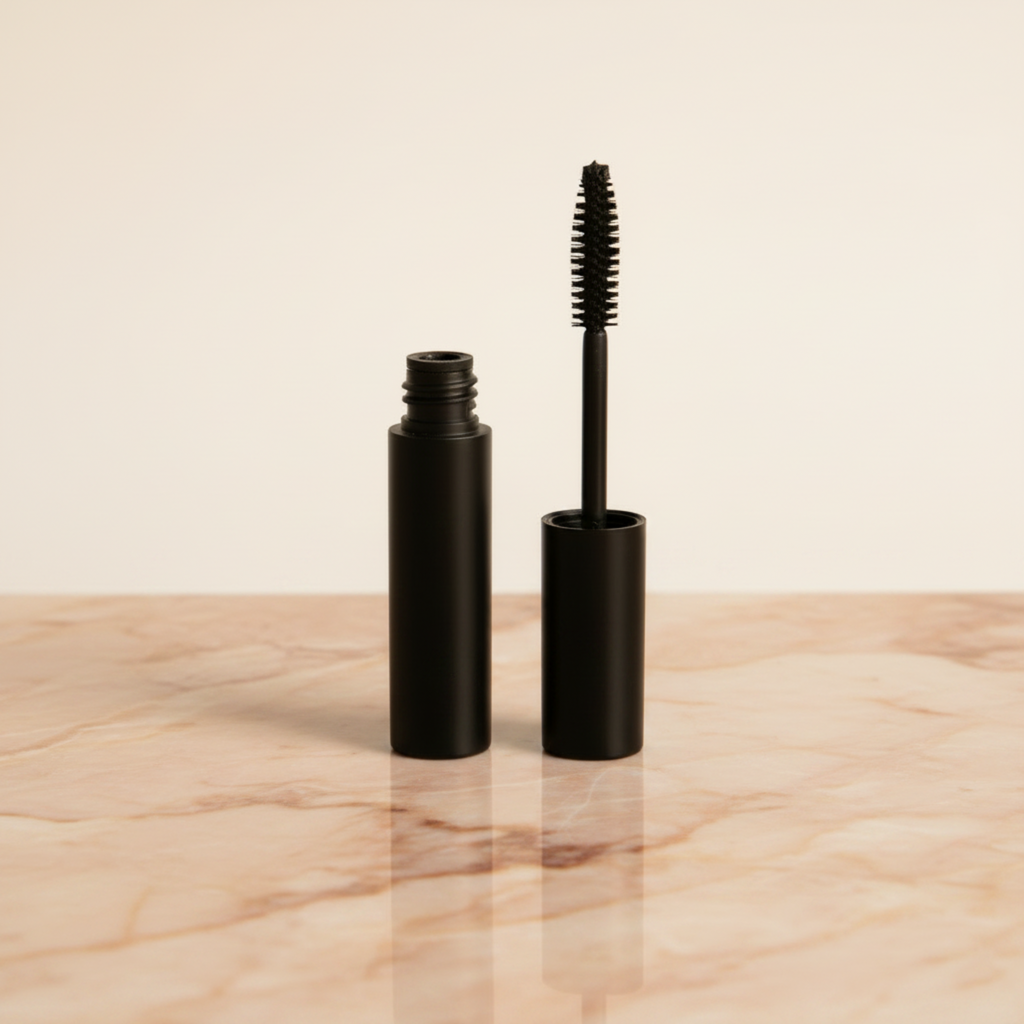Black mascara tube with brush on a beige marble surface
