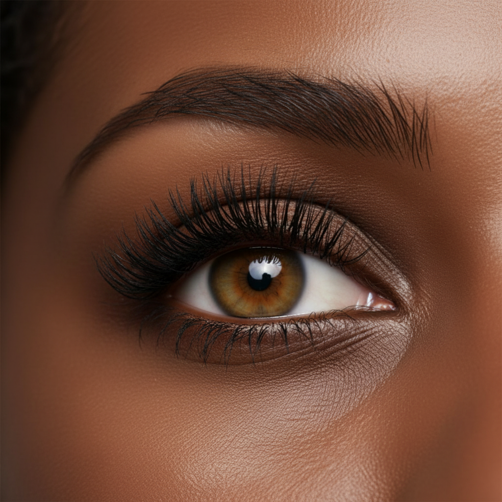 Close-up of a brown eye with detailed eyelashes and eyebrow.