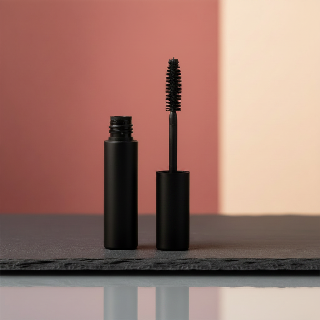 Black mascara tube with brush on a slate surface