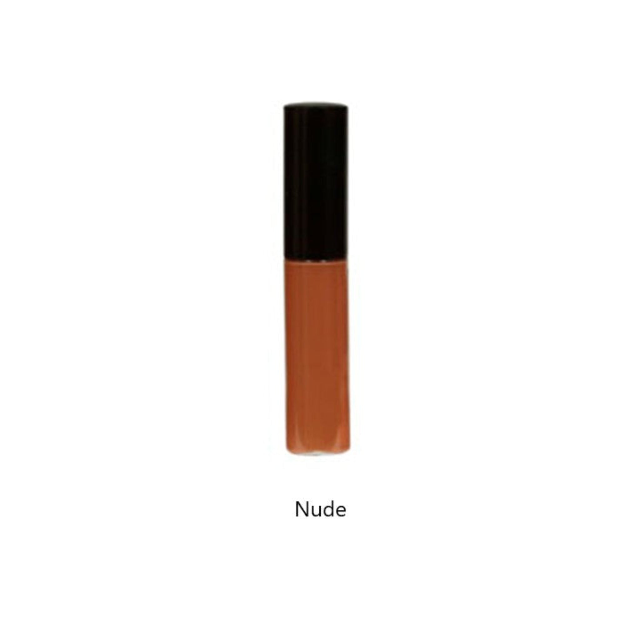 Cosmetic lip-gloss with black cap on a white background, text Nude below.