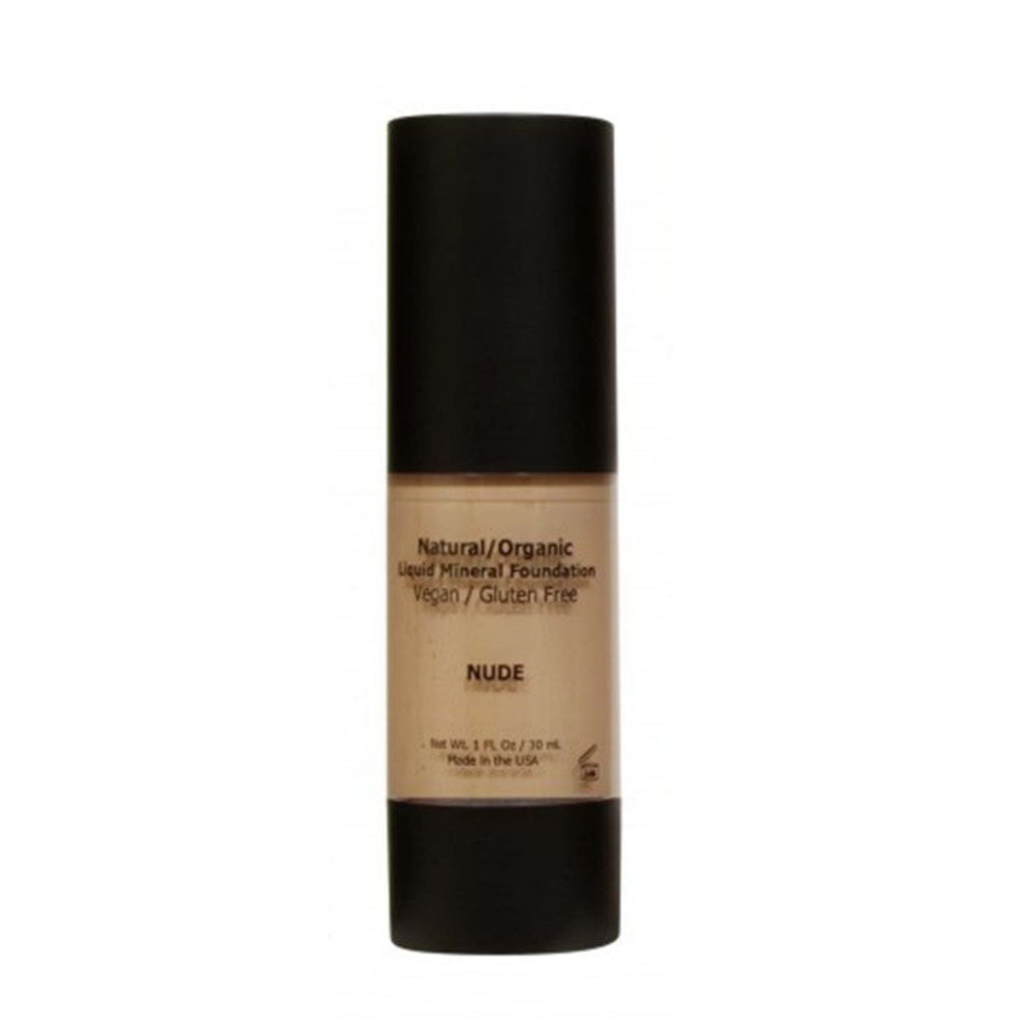 Foundation bottle labeled 'Nude' on a white background