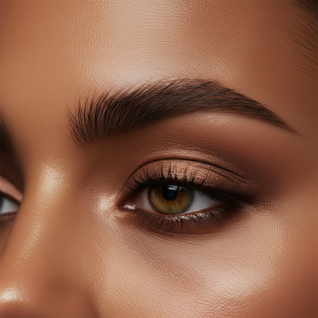 Close-up of a person's eye with brown iris and eyelashes, on a blurred background.