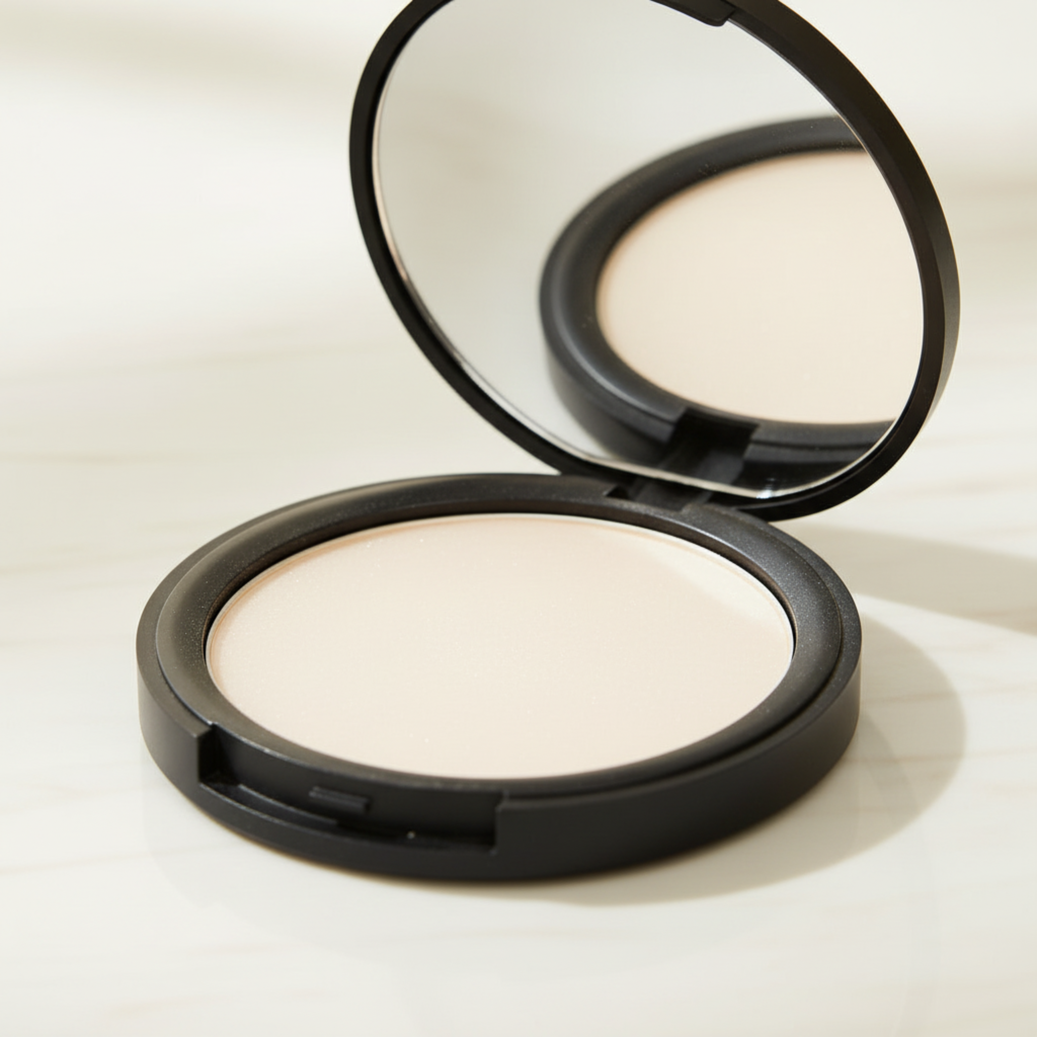 Compact powder with mirror on a light background