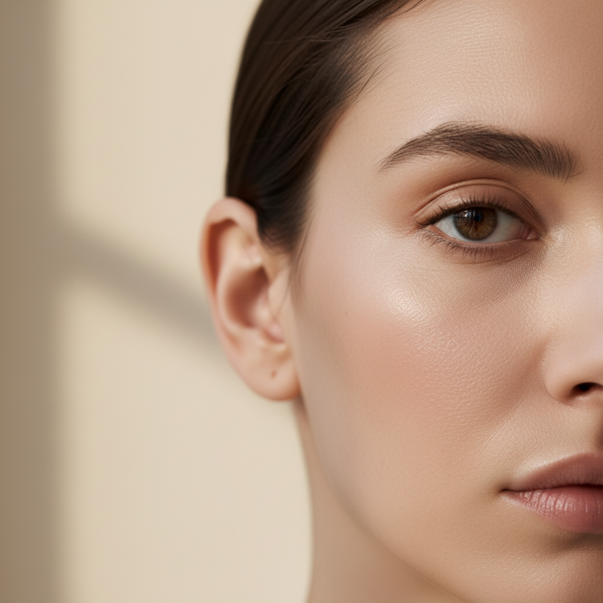 Close-up of a woman's face with a neutral background