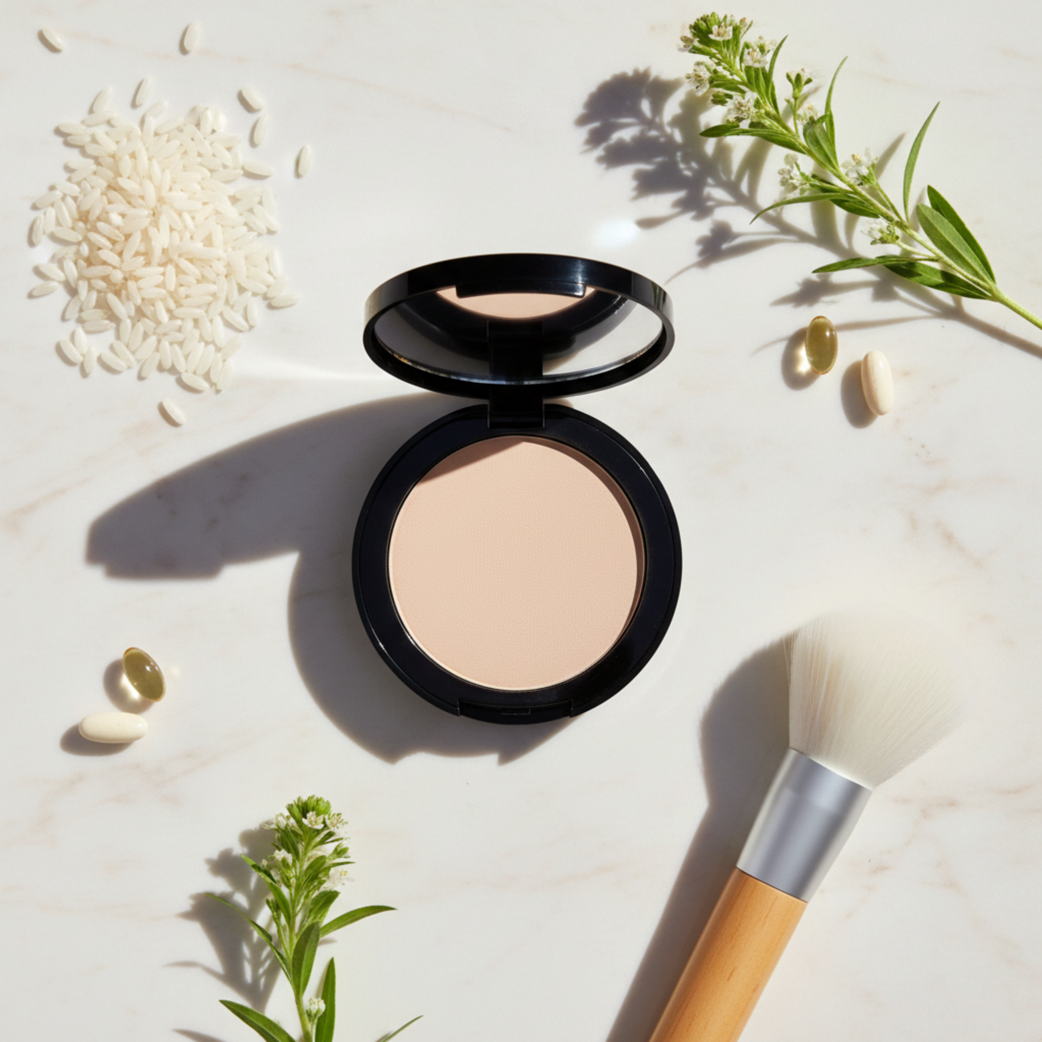 Compact powder in an open case with a brush and natural elements on a light background
