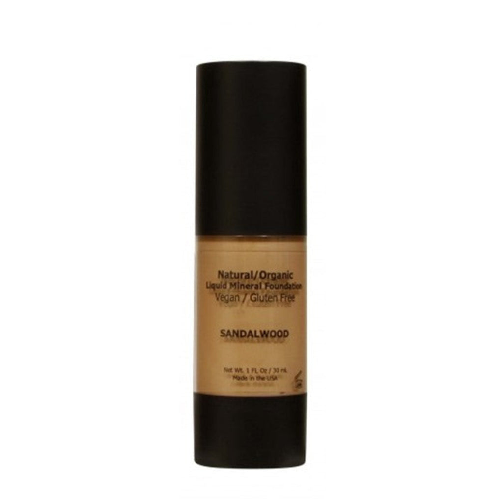 Foundation bottle with sandalwood scent on a white background