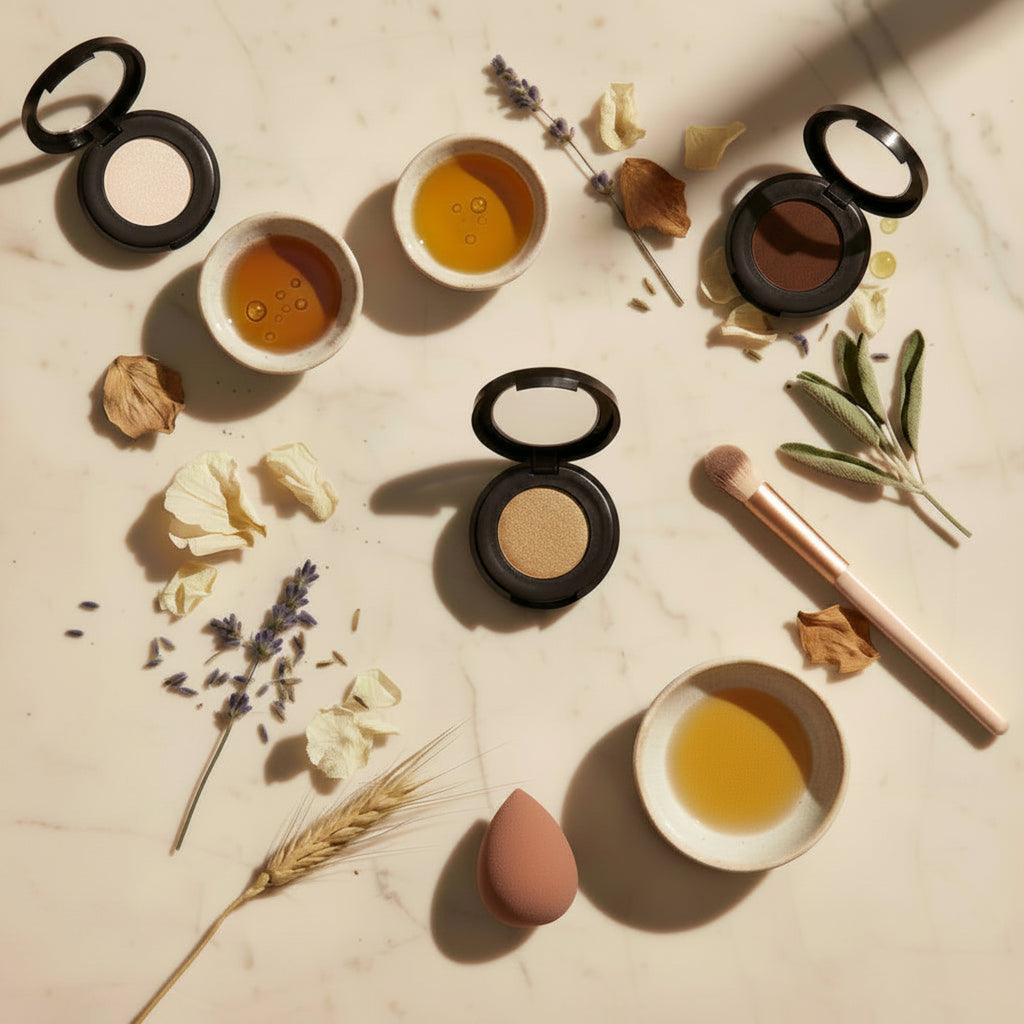 Makeup products including eyeshadows and a brush on a light surface with natural elements.