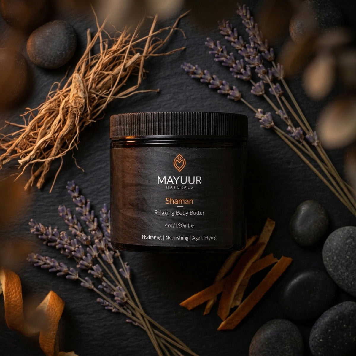 Mayuur Shaman Body Butter jar with its natural ingredients