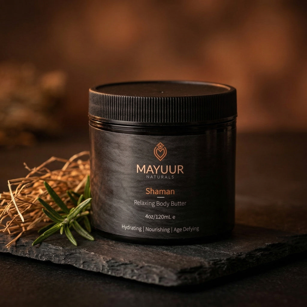 Mayuur Shaman Body Butter on slate, close view