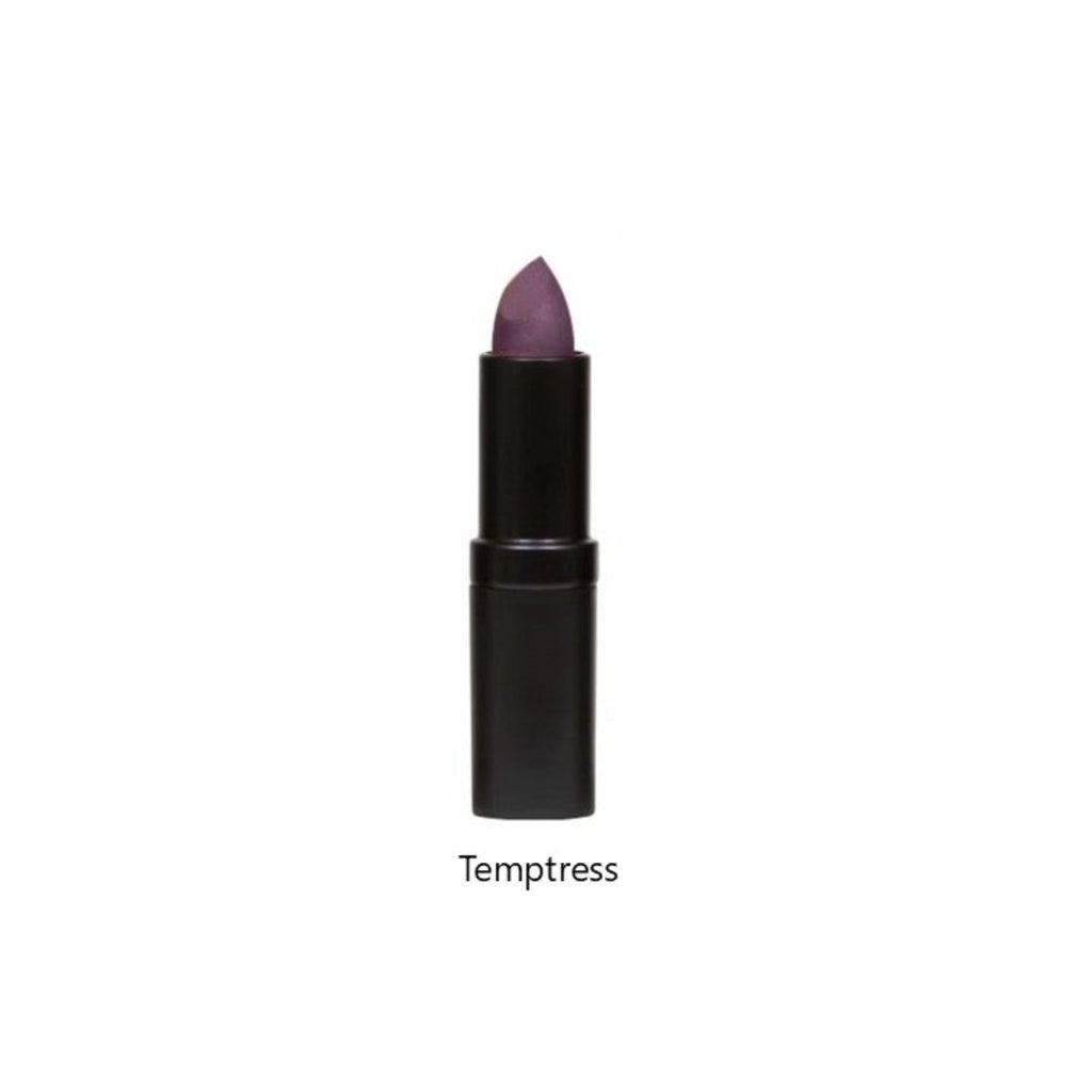 Lipstick with purple shade and black casing on a white background, featuring the brand 'Temptress'.