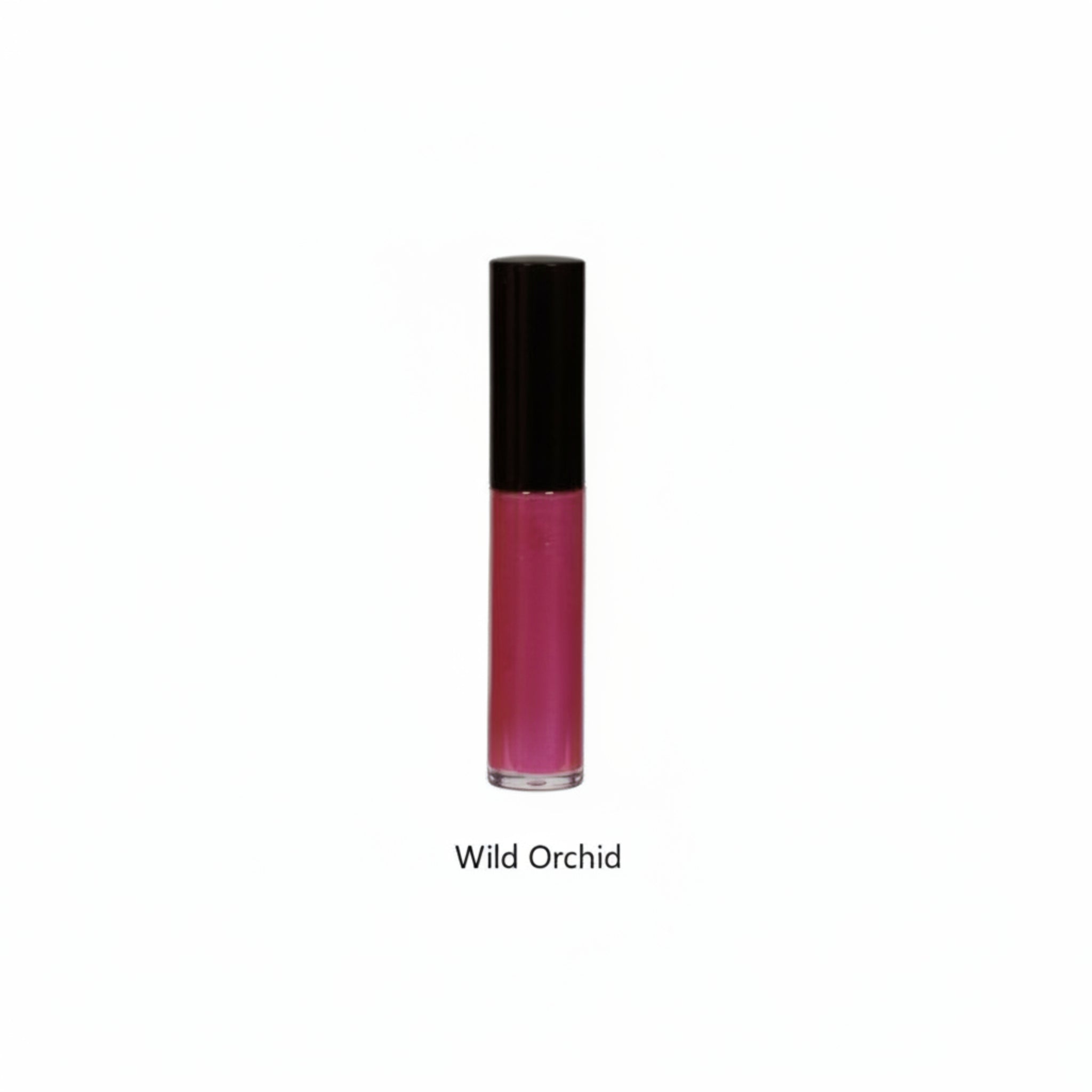 Cosmetic lip-gloss with black cap on a white background, text Wild Orchid below.