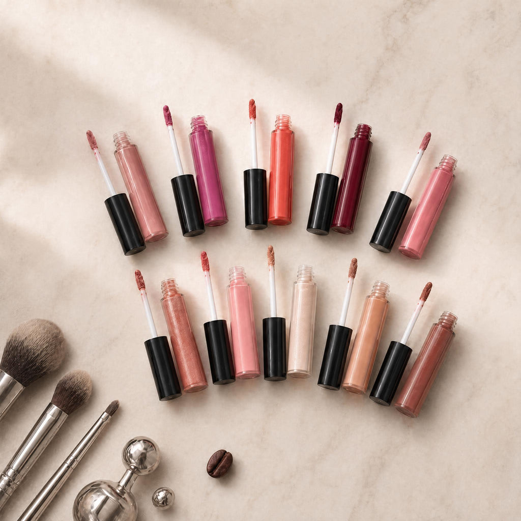 Collection of lip glosses and applicators on a beige surface